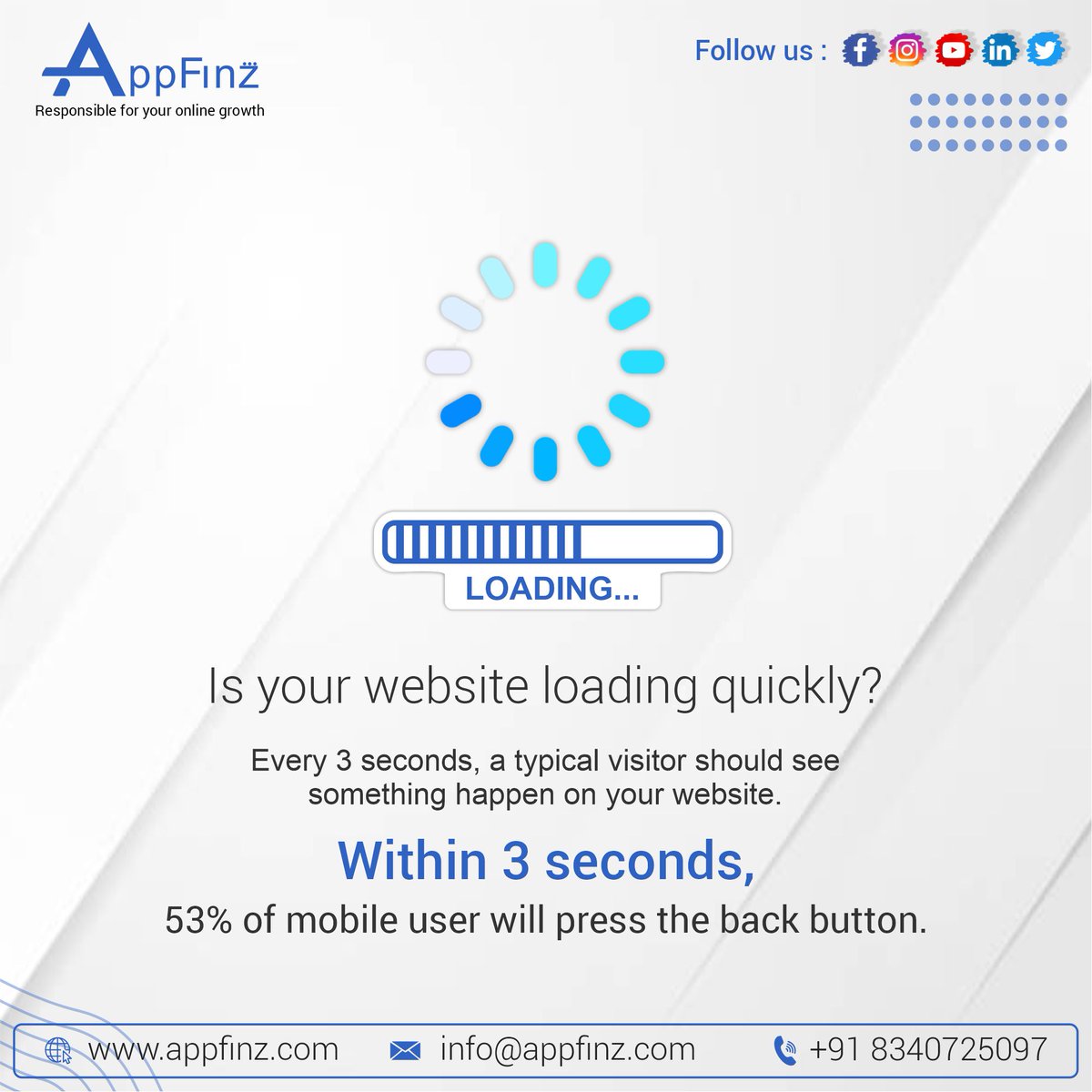 appfinzofficial's tweet photo. Is your website loading quickly?

Every 3 seconds, a typical visitor should see something happen on your website.

Within 3 seconds, 53% of mobile user will press the back button.

#websitedesigner #websiteexpert #traffic #load #seo #website #websiteloading #quickload #mobileuser https://t.co/mVhVPqKqaM