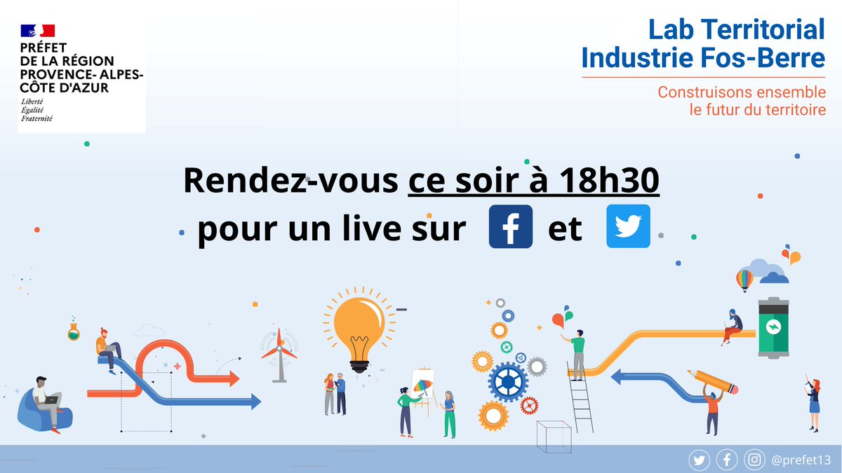 📅#SaveTheDate Rdv ce soir à 18h30 sur le #Twitter de @prefet13 pour suivre en direct la 1ère séance du Laboratoire territorial Industrie Fos-Berre🚀
👉Ouverture de la séance par Christophe Mirmand, <a href="/Prefet13/">Préfet de la région Provence-Alpes-Côte d'Azur</a> &amp; échanges sur les attendus de la démarche entre tous les acteurs.