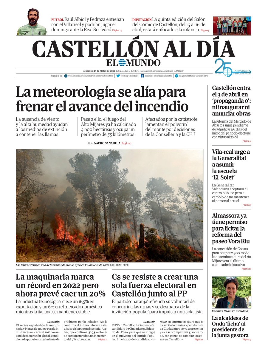 ximogorriz's tweet photo. Hoy miércoles 29 en las #portadasdeCastellón, #IFVillanuevaViver #contrarreloj #meteorología #DanielPonce #trasplanterenal #AlbertoRamia #Stadler @ajlavallduixo @AjuntCastello #movilidad @Asebec_Spain #alimentos @generalitat @CiudadanosCs @Carmina_BF @ajalmassora @ajvila y más https://t.co/3pcc5Jti6d