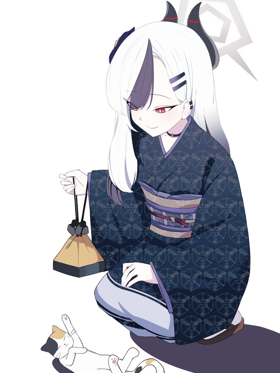 kayoko (blue archive) 1girl japanese clothes kimono horns halo white hair obi  illustration images