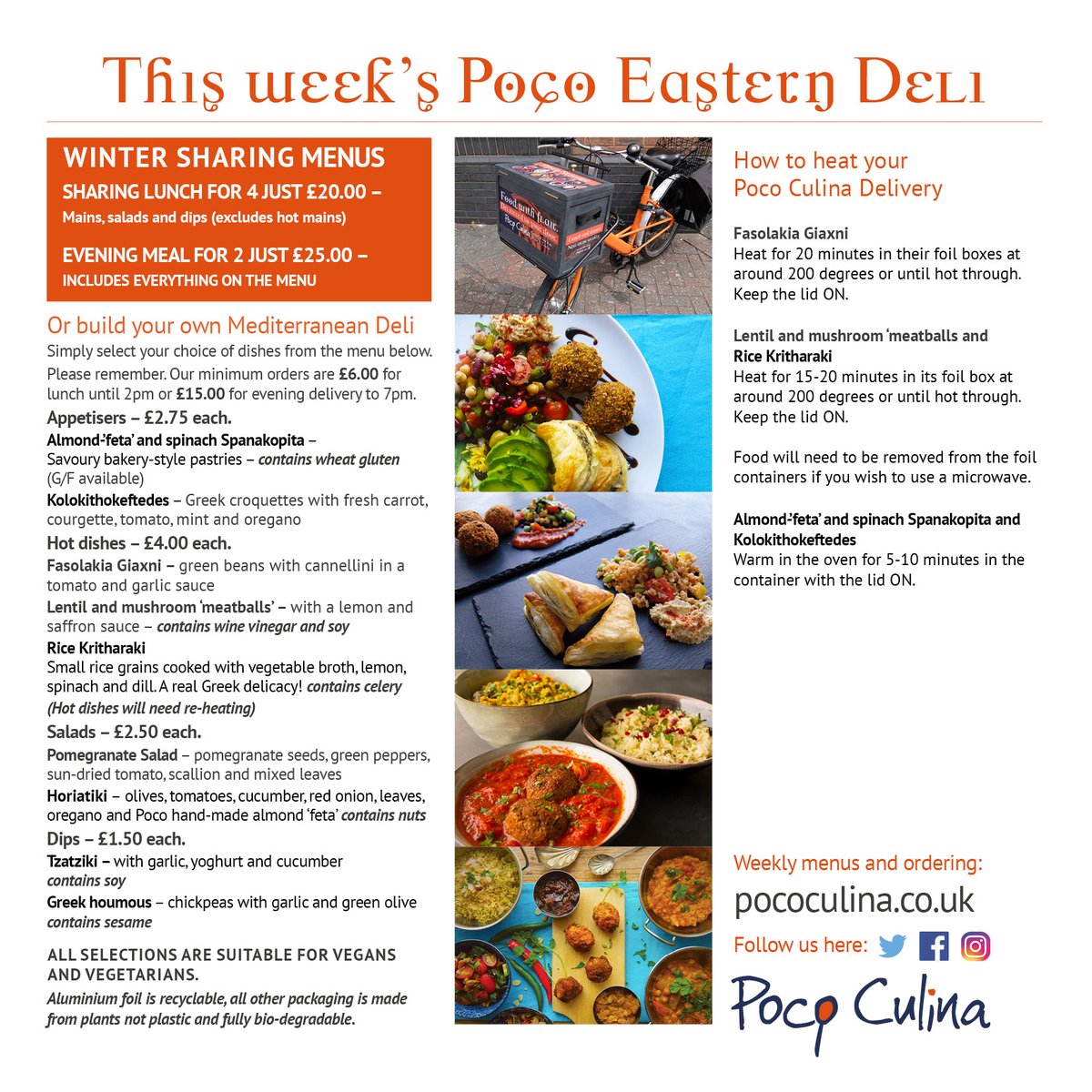 A TRUE POCO CLASSIC THIS WEEK. A FULL ON GREEK MEZE DELIVERED TO YOUR DOOR FOR JUST £25 FOR TWO TO SHARE. 

This week we will be visiting the lovely people of CHELTENHAM, GLOUCESTER, CHURCHDOWN and surrounding bits.

Order your GREEK SUPPER DELIVERY here:
pococulina.co.uk/home-work-deli…