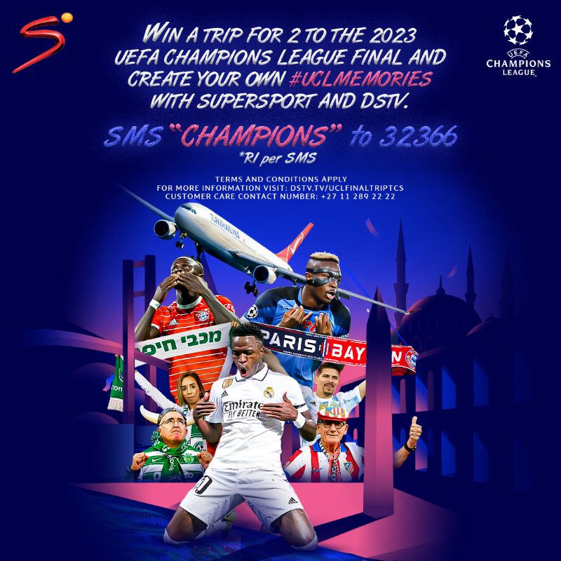 SuperSportTV's tweet photo. Win a trip for two to the 2023 UEFA Champions League final and create your own #UCLMemories with SuperSport. SMS "Champions" to 32366. Competition ends 21 April 2023. Terms and Conditions apply