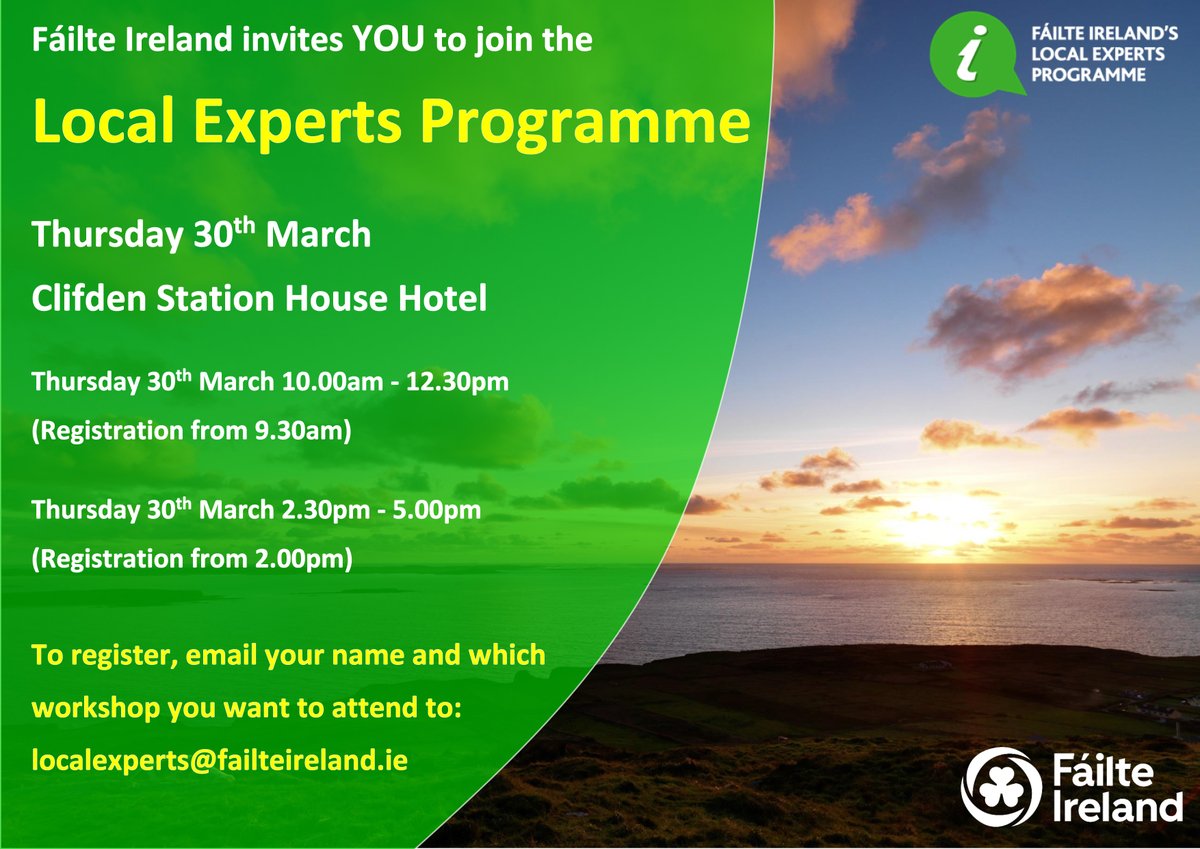 Last few places still available for tomorrows #LocalExperts Programme for #Connemara and #Islands Tourism Partners in Clifden. All welcome. @AranConnemara @CAITNNetwork @Failte_Ireland @ClifdenStation @ClifdenStatHse