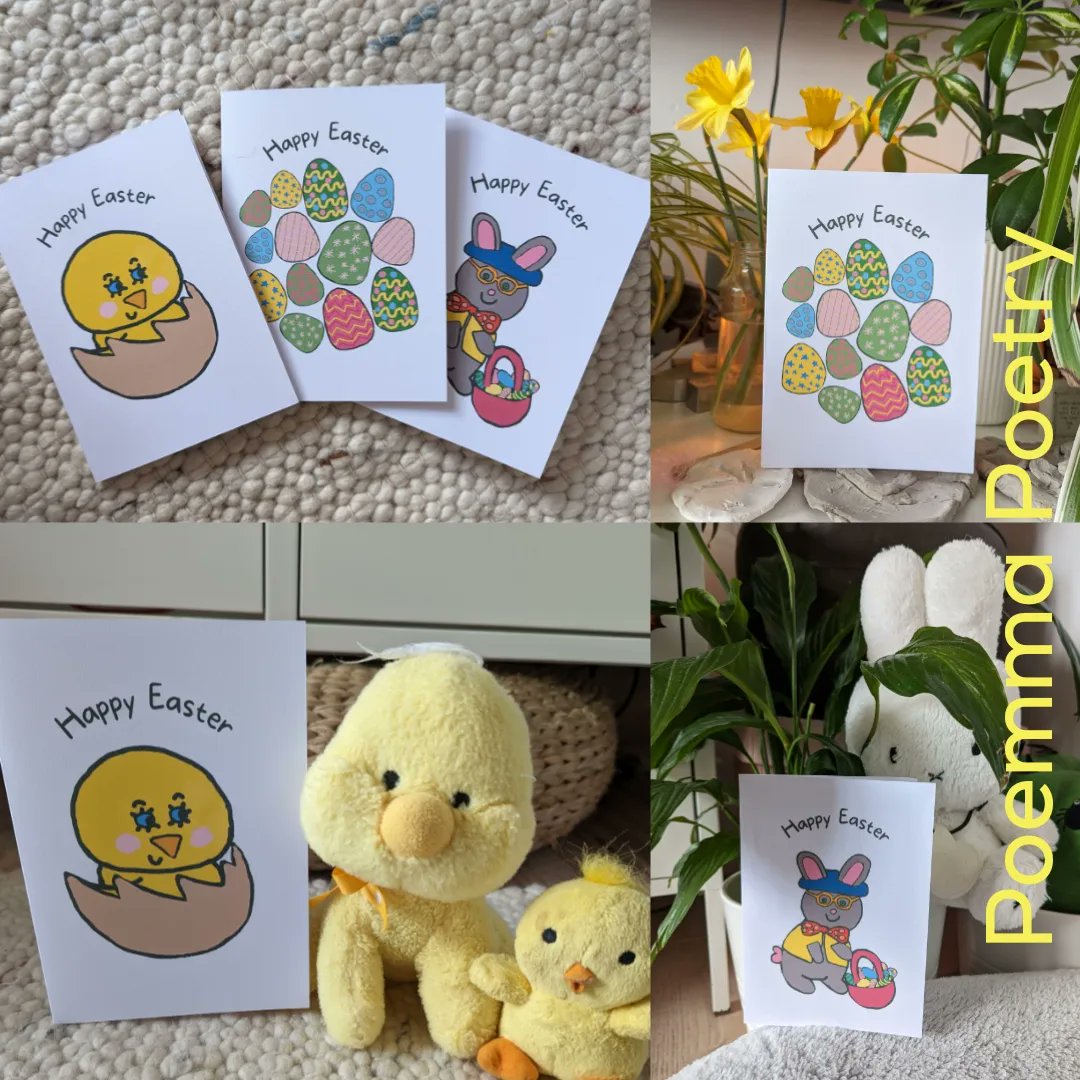 PoemmaPoetry's tweet photo. Happy Easter cards are now available to order by emailing me emma@poemmapoetry.co.uk. In three cute designs each with a four line poem inside. Priced at just £1.00 per card with free local p+p (RDGUK area) or 0.70 UK p+p. Check out my website https://t.co/wDfRkyDQJC too! https://t.co/1fxOX8UfcF