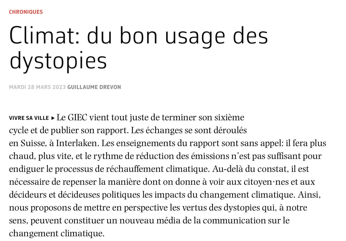 Ma chronique dans le <a href="/lecourrier/">Le Courrier</a> qui propose un bon usage des dystopies pour penser la transition. lecourrier.ch/2023/03/28/cli… <a href="/epflENAC/">EPFL-ENAC</a>