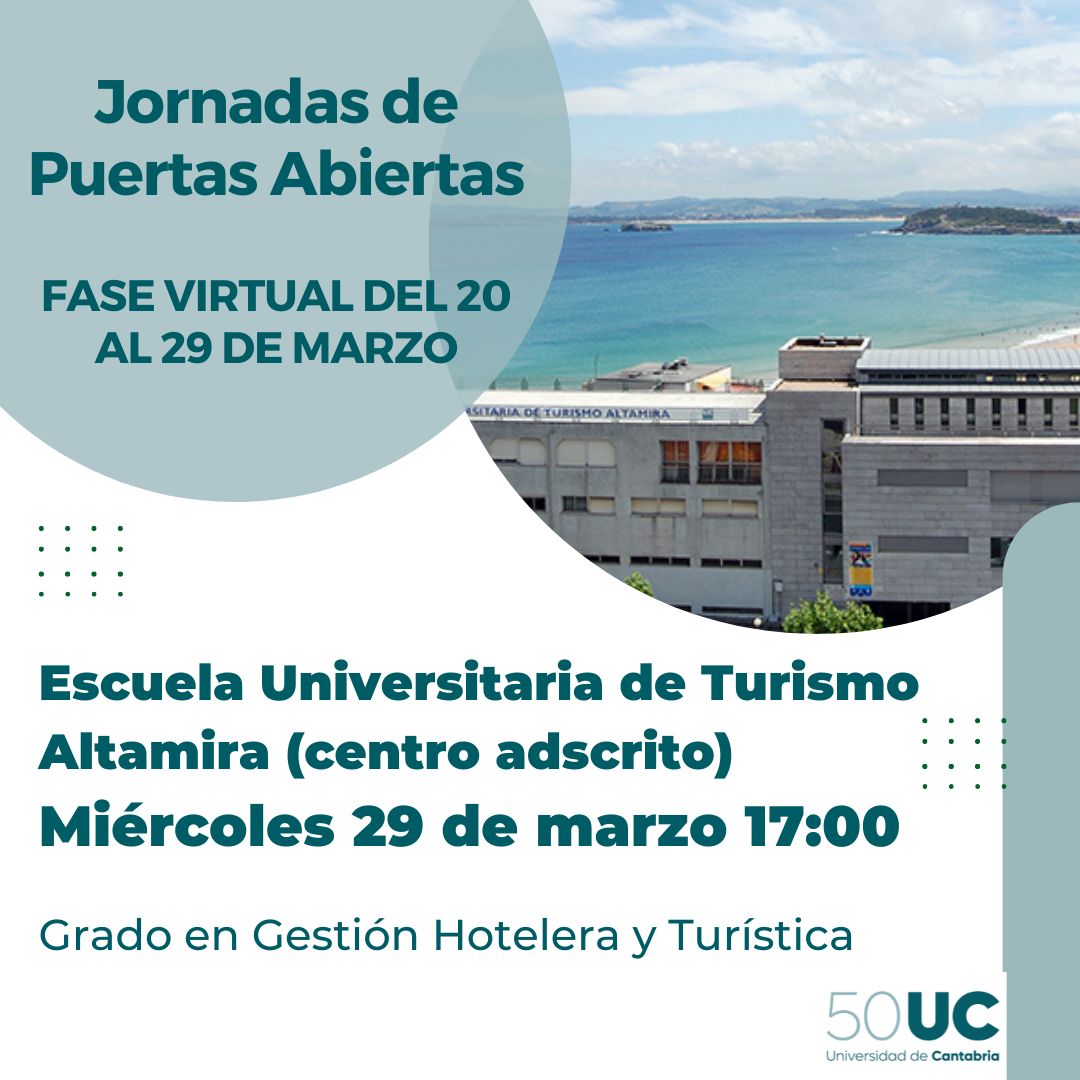 Hoy finalizamos la fase virtual de las Jornadas de Puertas Abiertas 2023 con la Escuela Universitaria de Turismo Altamira (centro adscrito) <a href="/EscuelaAltamira/">Escuela Altamira</a> de <a href="/unican/">Universidad de Cantabria</a>. ¡Os esperamos para resolver vuestras dudas!

Enlace disponible en: web.unican.es/unidades/soucan

#tansoloelprincipio