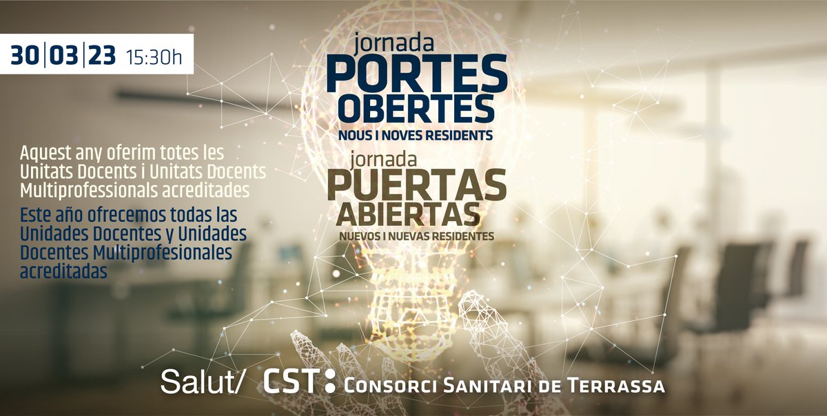 CSTerrassa's tweet photo. 📣🏥Futurs/es #residentsCST ❗️
📆Demà, dijous 30 a les 15:30 h, jornada de #PortesObertes a la sala d'actes de l'#HospitaldeTerrassa
Us hi esperem❗️🤗
🚍Consulta com arribar al nostre centre➡️ https://t.co/rY8Jak73UP https://t.co/1wOXnXm8QV