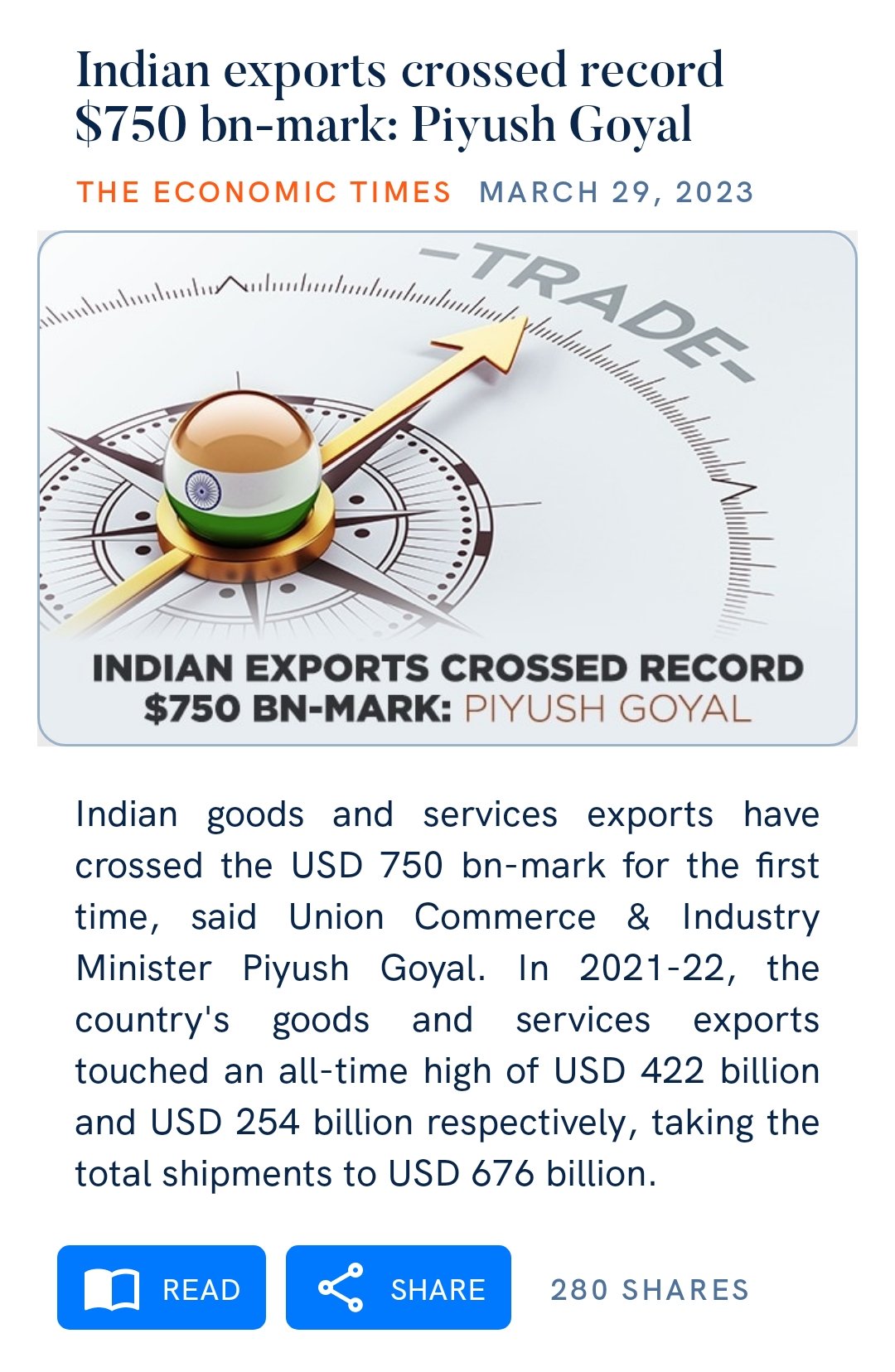 India's overall exports cross all time high of 750 Billion US dollars_50.1