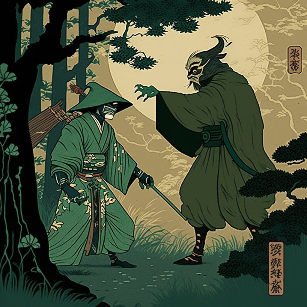 NaokiQYamamoto's tweet photo. AI art Image of a Muslim Ronin receiving teachings of Sabr, Tawakkul, Muraqaba, etc. from Tengu through swordsmanship in medieval Japan. Inspired by Japanese classics. Inspired by Japanese classics. https://t.co/iYVTeOFjSv