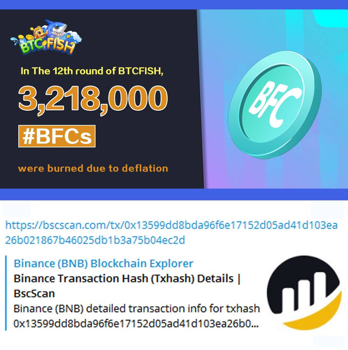Friends!The monthly burn for March has been completed! 
The 12th round burn 3,218,000 $BFC. BTCFISH Monthly token burn will continue. 

Proof of burn ：
bscscan.com/tx/0x13599dd8b…
#BTCFISH #BFChain