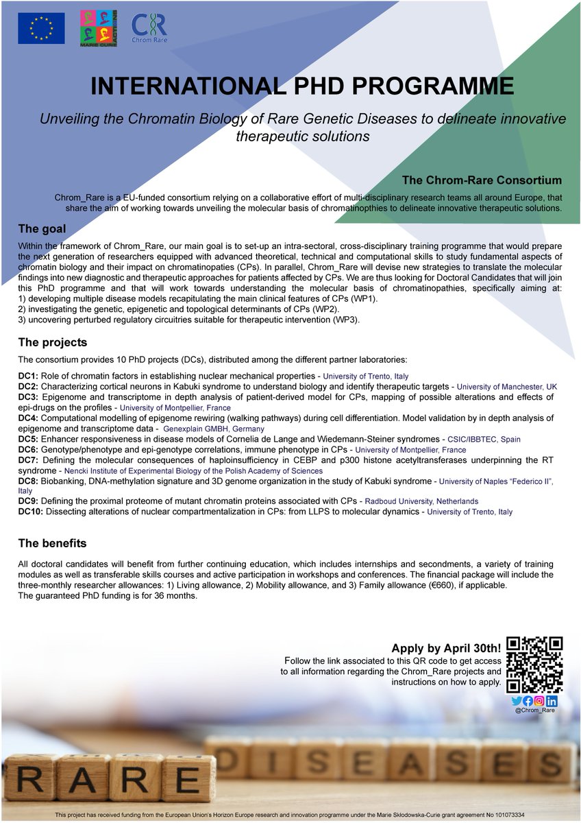 Chrom_Rare (@chrom_rare) on Twitter photo Looking for a #PhD position? Join our community applying for our international programme part of
<a href="/MSCActions/">Marie Skłodowska-Curie Actions</a>
to work on the #chromatin biology of genetic #rarediseases
Apply here ➡️chromrare.eu
Deadline: April 30th 📆
More info here ⬇️ Looking for a #PhD position? Join our community applying for our international programme part of
<a href="/MSCActions/">Marie Skłodowska-Curie Actions</a>
to work on the #chromatin biology of genetic #rarediseases
Apply here ➡️chromrare.eu
Deadline: April 30th 📆
More info here ⬇️