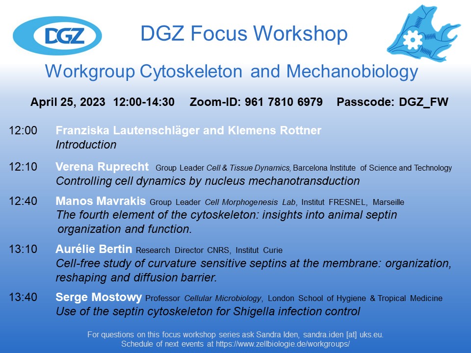 Join us for the next #DGZ Focus Workshop on April 25 on #Cytoskeleton &amp; #Mechanobiology organized by <a href="/LautenschlagerL/">Lautenschläger Lab</a> &amp; <a href="/RottnerKlemens/">Klemens Rottner</a>, featuring <a href="/Ruprecht_Lab/">Ruprecht Lab</a>, Manos Mavrakis, @BertinAurlie2 &amp; Serge Mostowy, program below ⬇️