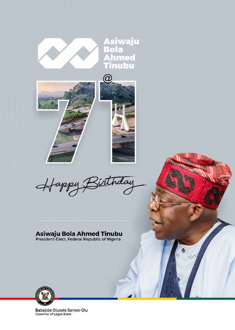 Today, we celebrate the birthday of an outstanding statesman, a visionary, consistent, loyal and enigmatic master strategist and our President-Elect, Asiwaju Bola Ahmed Tinubu <a href="/officialABAT/">Bola Ahmed Tinubu</a>. 

On behalf of my darling wife, Ibijoke, and the good people of Lagos State, as well as
