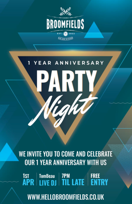 BroomfieldsBR2's tweet photo. 𝗢𝗨𝗥 𝟭 𝗬𝗘𝗔𝗥 𝗔𝗡𝗡𝗜𝗩𝗘𝗥𝗦𝗔𝗥𝗬!

Come down and join us THIS SATURDAY from 7pm for our 1 year anniversary, with our resident DJ Tom Beaumont on the decks.

#hellobroomfields #broomfieldsparty #1year #LiveDJ #PartyNight https://t.co/1E8dfhW3jM