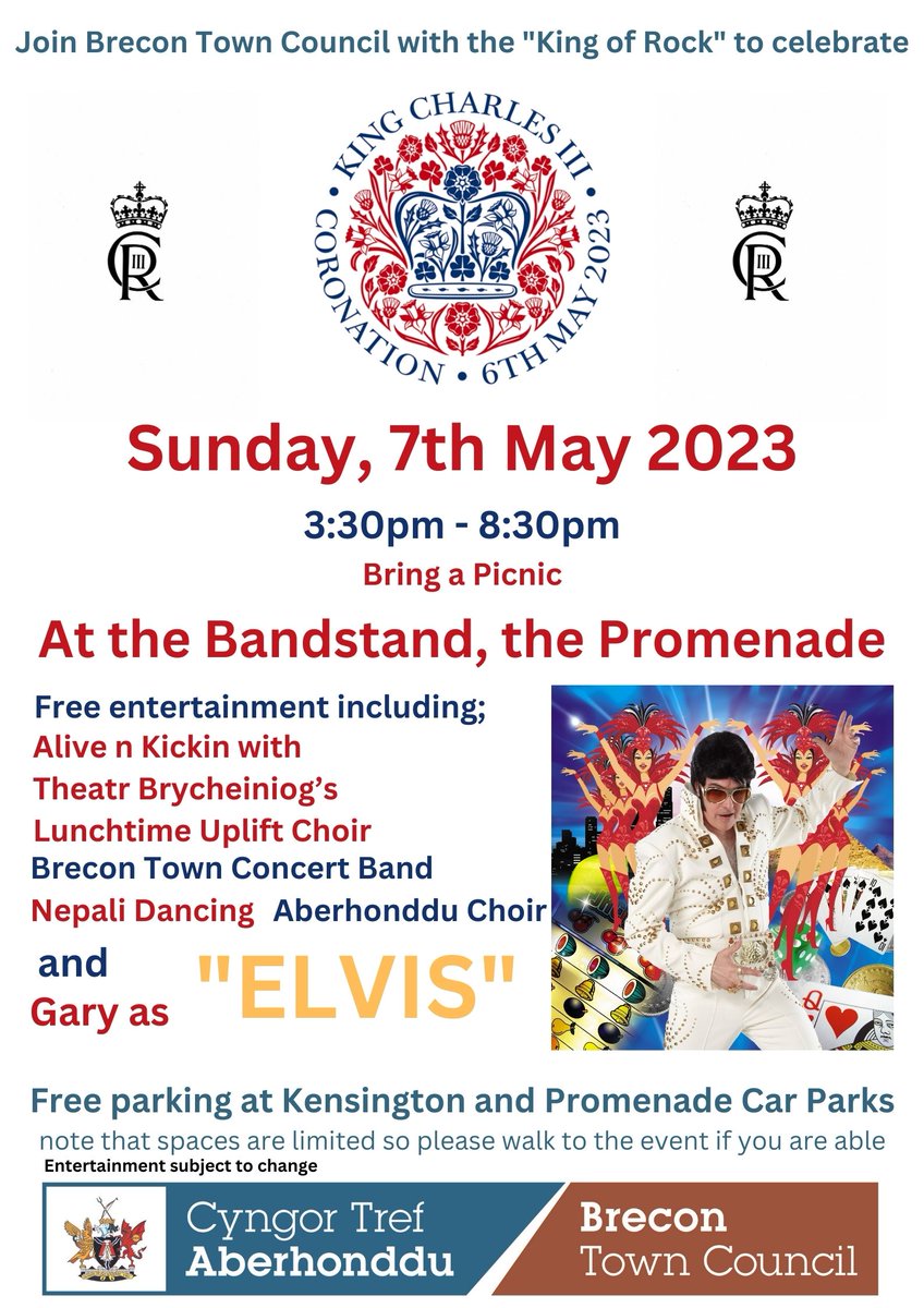 <a href="/Brecon_TC/">Brecon Town Council</a>  is pleased to announce that there will be a fun afternoon/evening of free family entertainment at the Bandstand, the Prom, on Sunday 7th May to celebrate the Coronation of King Charles.  Everyone is welcome to join us, so please save the date!