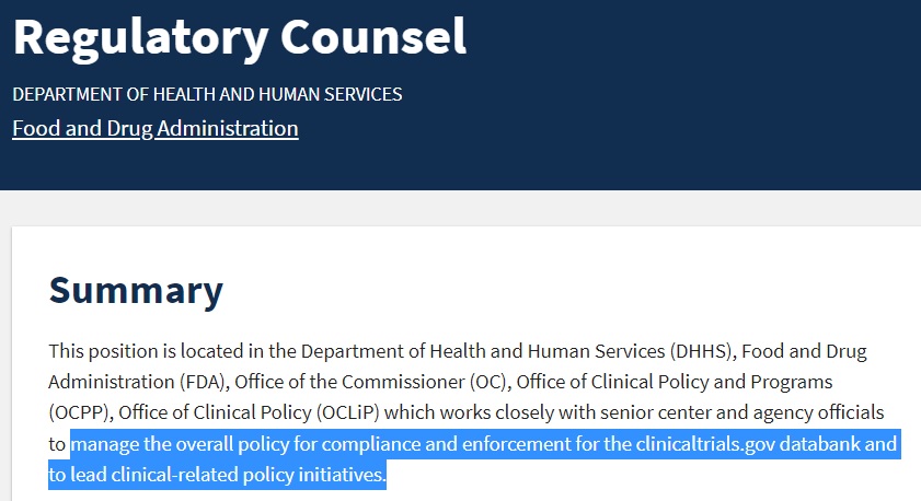 TranspariMED's tweet photo. FDA getting ready to enforce clinical trial reporting law
-> #FDA job vacancy: "manage the overall policy for compliance and enforcement for" clinical trials
https://t.co/HdVcvzNU8S #FDAAA @EMA_News @bfarm_de @cmorten2 https://t.co/zkr4gENMwZ