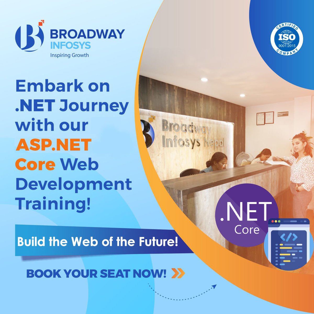 broadwayinfosys's tweet image. Would you like to venture in a career in the Dot Net field?
Details:
bit.ly/3lNOb3R
Schedule:
30 Mar 2023
05:30 PM - 07:00 PM
02 Apr 2023
06:00 PM - 07:30 PM
09 Apr 2023
06:30 AM - 08:00 AM
Limited Seats Available!
#ASPDotNETCore
#ITTrainingInNepal
#BroadwayInfosys