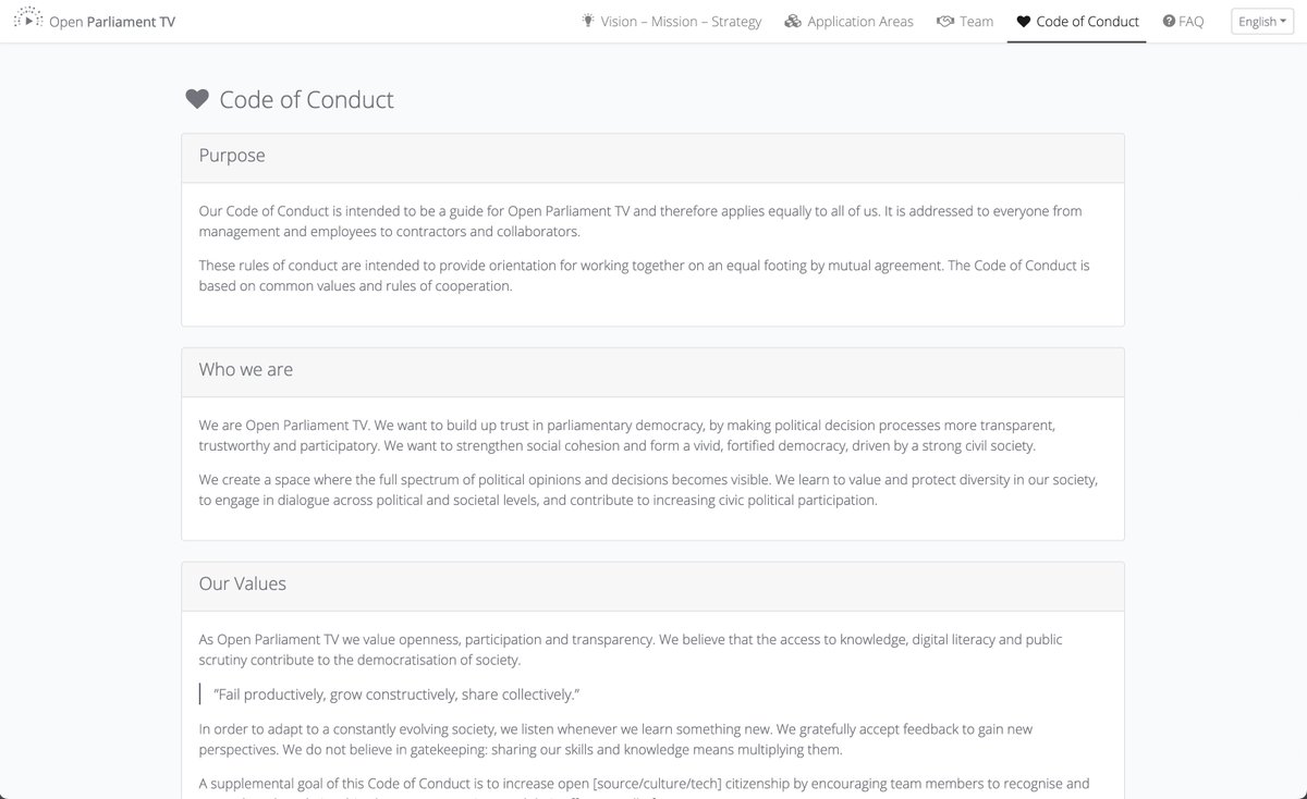 We are happy to share our 💚 #CodeOfConduct 💚 which we developed over the last months and which will shape our future work on Open Parliament TV: openparliament.tv/code-of-conduct