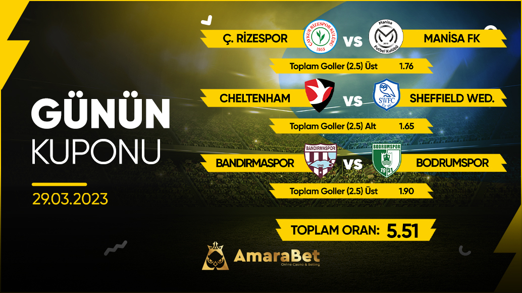 🏆Günün Kuponu⚽️

➡️Rizespor - Manisa FK | Üst 2.5
➡️Cheltenham - Sheffield Wed  |  Alt 2.5 
➡️Bandırmaspor - Bodrumspor | Üst 2.5

🎁En yüksek bonuslar için; linktr.ee/amarabet