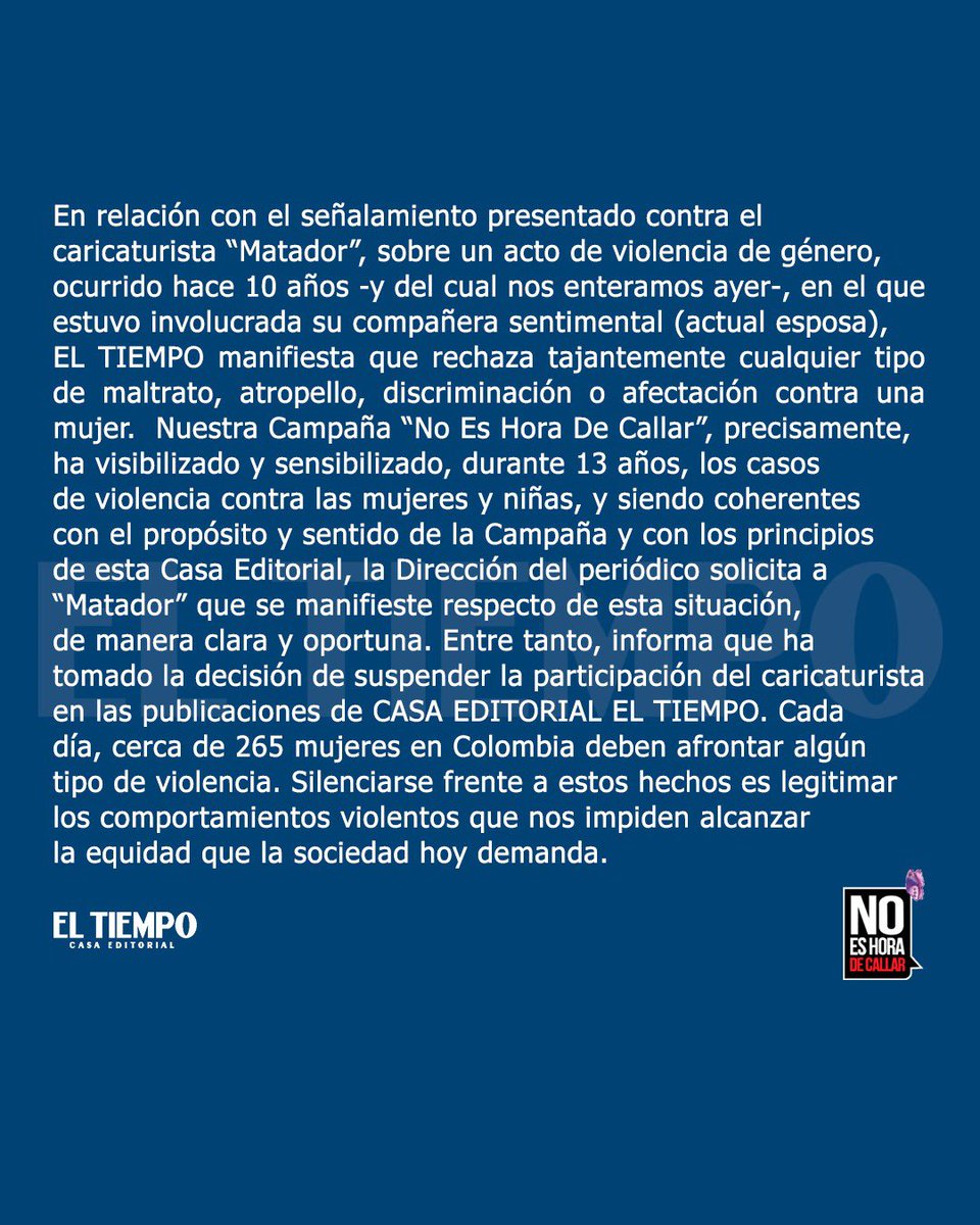 PorQueTendenCol's tweet photo. “Matador”

Porque El Tiempo terminó su vínculo con el caricaturista debido al señalamiento contra él sobre un acto de violencia de género. https://t.co/yfHCdKOtzZ