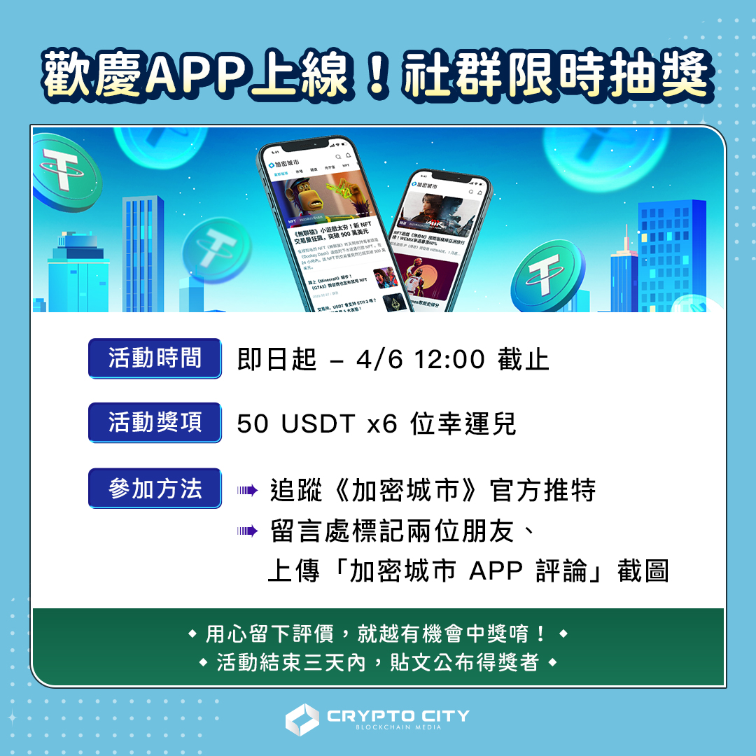 CryptoCitytw's tweet image. 🚀加密城市 #APP 上線啦，下載參加 #抽獎 活動！

下載APP，享受最全面的區塊鏈新聞服務💪
cryptocity.onelink.me/lRjo/TW

時間 4/6 12:00 UTC+8 END
抽 50 U x 6 
                  
1️⃣追蹤 @cryptocitytw @gobananas929 
2️⃣Tag 2 Friends
3️⃣❤️+RT

📍未完成任務將重抽得獎者
📍得獎者須提供商店評論截圖