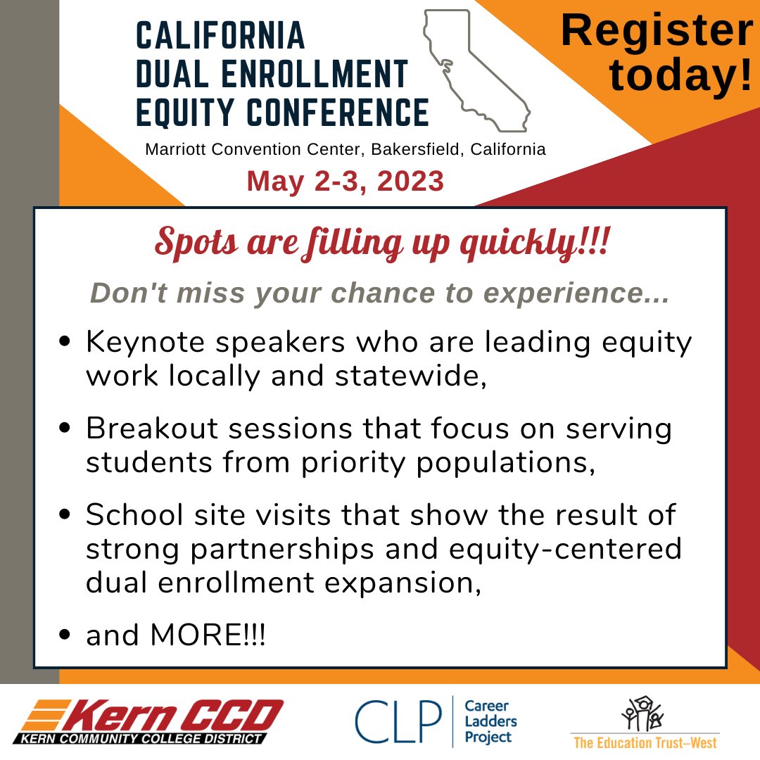 KylieCampbell90's tweet photo. Spots are filling up quickly! Register today for the California Dual Enrollment Equity Conference!  https://t.co/FlzBhGuMwv https://t.co/tJawqujQXJ