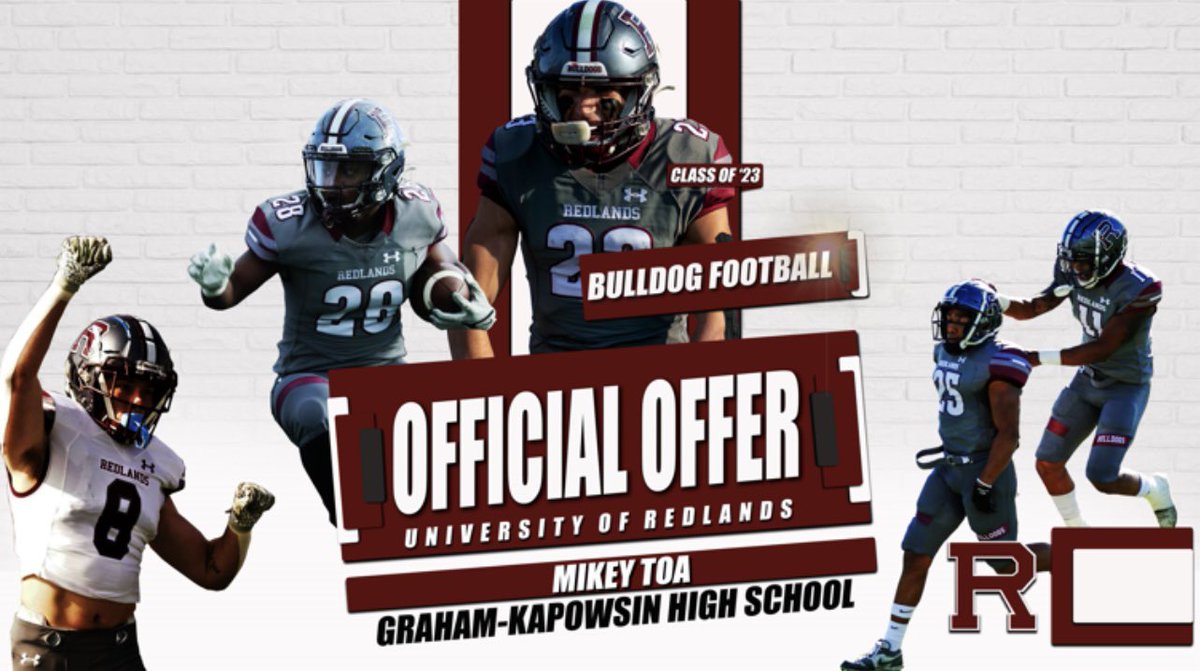 Mikey33 (@big_mikey33) on Twitter photo After an exciting conversation with Coach <a href="/UR_CoachGood/">Jim Good</a>, I am grateful for the offer to continue my academic and athletic career with <a href="/UofR_Football/">Redlands Bulldog Football</a>! <a href="/von_diesel16/">von_diesel</a> <a href="/GKHSfootball/">GK Eagles Football</a> <a href="/FaipeaAvaava/">AEP ATHLETICS (Coach Ava)</a> <a href="/BrandonHuffman/">Brandon Huffman</a> <a href="/RylandSpencer/">Ryland Spencer™</a> After an exciting conversation with Coach <a href="/UR_CoachGood/">Jim Good</a>, I am grateful for the offer to continue my academic and athletic career with <a href="/UofR_Football/">Redlands Bulldog Football</a>! <a href="/von_diesel16/">von_diesel</a> <a href="/GKHSfootball/">GK Eagles Football</a> <a href="/FaipeaAvaava/">AEP ATHLETICS (Coach Ava)</a> <a href="/BrandonHuffman/">Brandon Huffman</a> <a href="/RylandSpencer/">Ryland Spencer™</a>