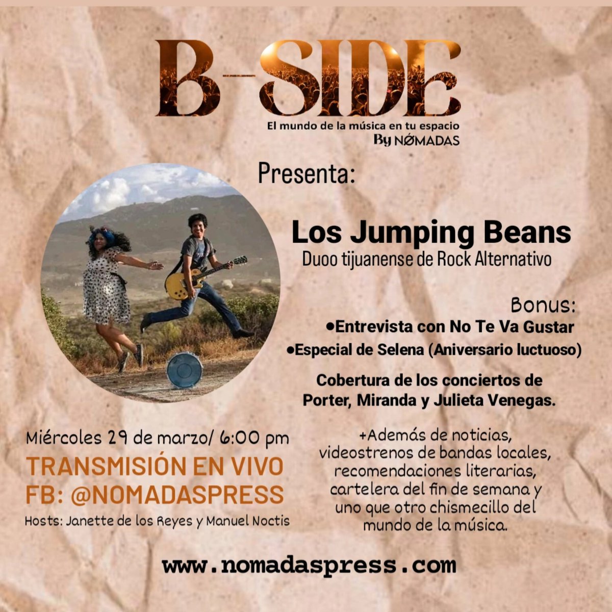 NomadasPress's tweet photo. Este miércoles es nuestro quinto capítulo del programa B-SIDE y tendremos a @losjumpingbeans en vivo en el estudio. 🤘 https://t.co/pDSTtRK4Fb