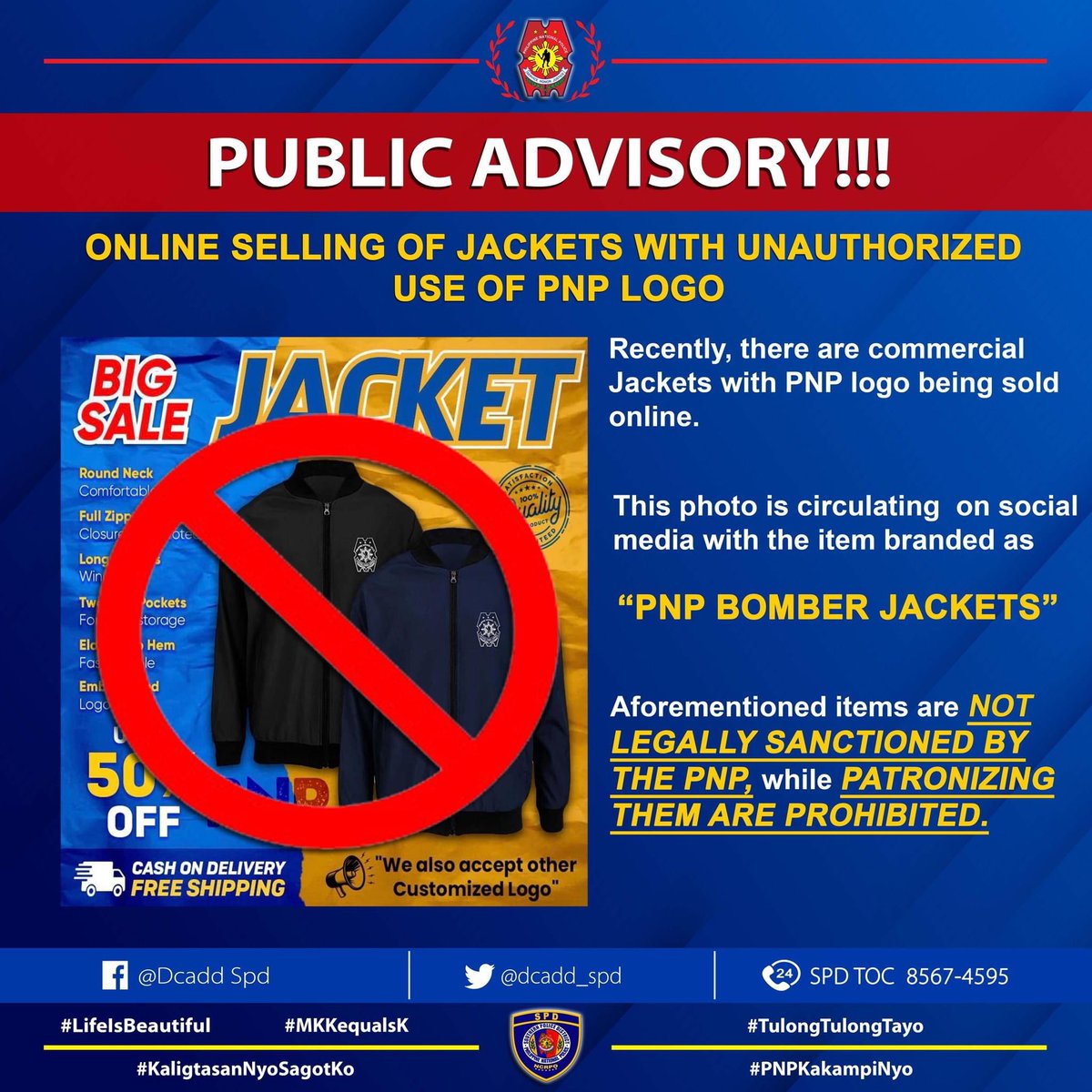 dcadd_spd's tweet image. ONLINE SELLING OF JACKETS WITH UNAUTHORIZED USE OF PNP LOGO ￼￼￼
 
web.facebook.com/photo?fbid=605…
 
#LifeIsBeautiful
#KaligtasanNyoSagotko
#TulongTulongtayo
#MKKequalsK
#PNPKakampiNyo