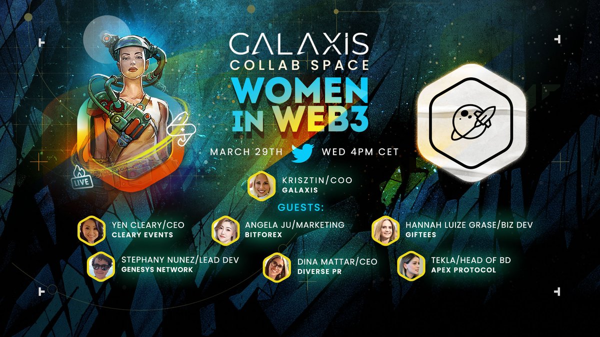 ‼️Don't forget to join our "Women in Web3" Twitter Space tomorrow, March 29 at 10am EDT!  Featuring:

Host:  <a href="/LipardiKrisztin/">Klipardi</a> 
<a href="/hannaluizegrase/">Hanna Luize Grase</a>
@dinaamattar
<a href="/NGstephany_/">Stephany Nunez G</a>
<a href="/JuAngela3/">Ju Angela</a>
@tiash_
<a href="/yen_cleary/">Yen Cleary</a>
 
Link:  x.com/i/spaces/1djGX…

#Web3 #web3community #NFTs #womeninweb3