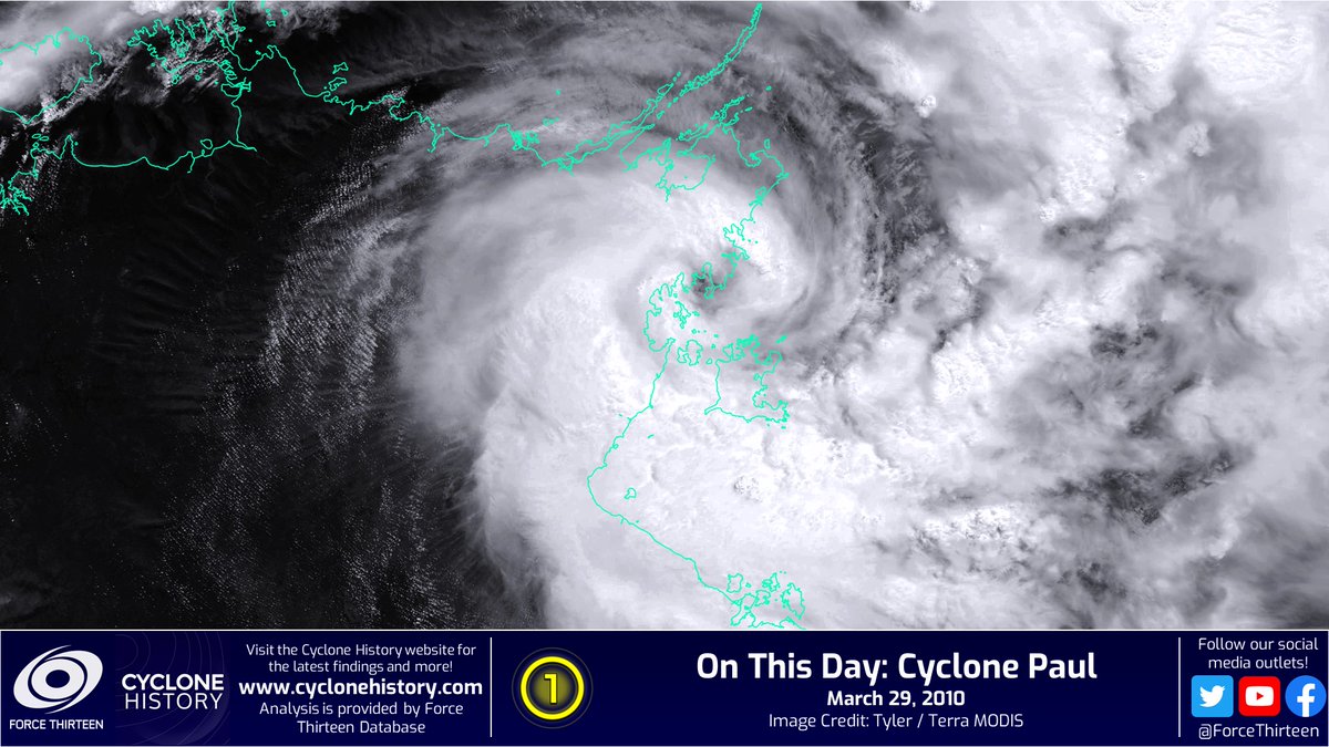 #OTD in 2010, #CyclonePaul struck the #NorthernTerritories of #Australia as a Category 1 #cyclone, reaching a F13-estimated peak of 85mph/976mb.

Rainfall totals of up to 440mm were reported as the storm moved slowly over the area, with damage totals being unknown.