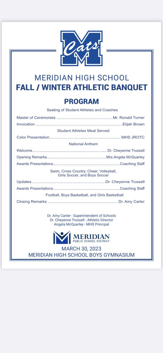 MHS Fall &amp; Winter Sports Banquet Thursday, March 30th at 6:30pm in the Gymnasium on campus. The Public Is Invited… 💙💙💙