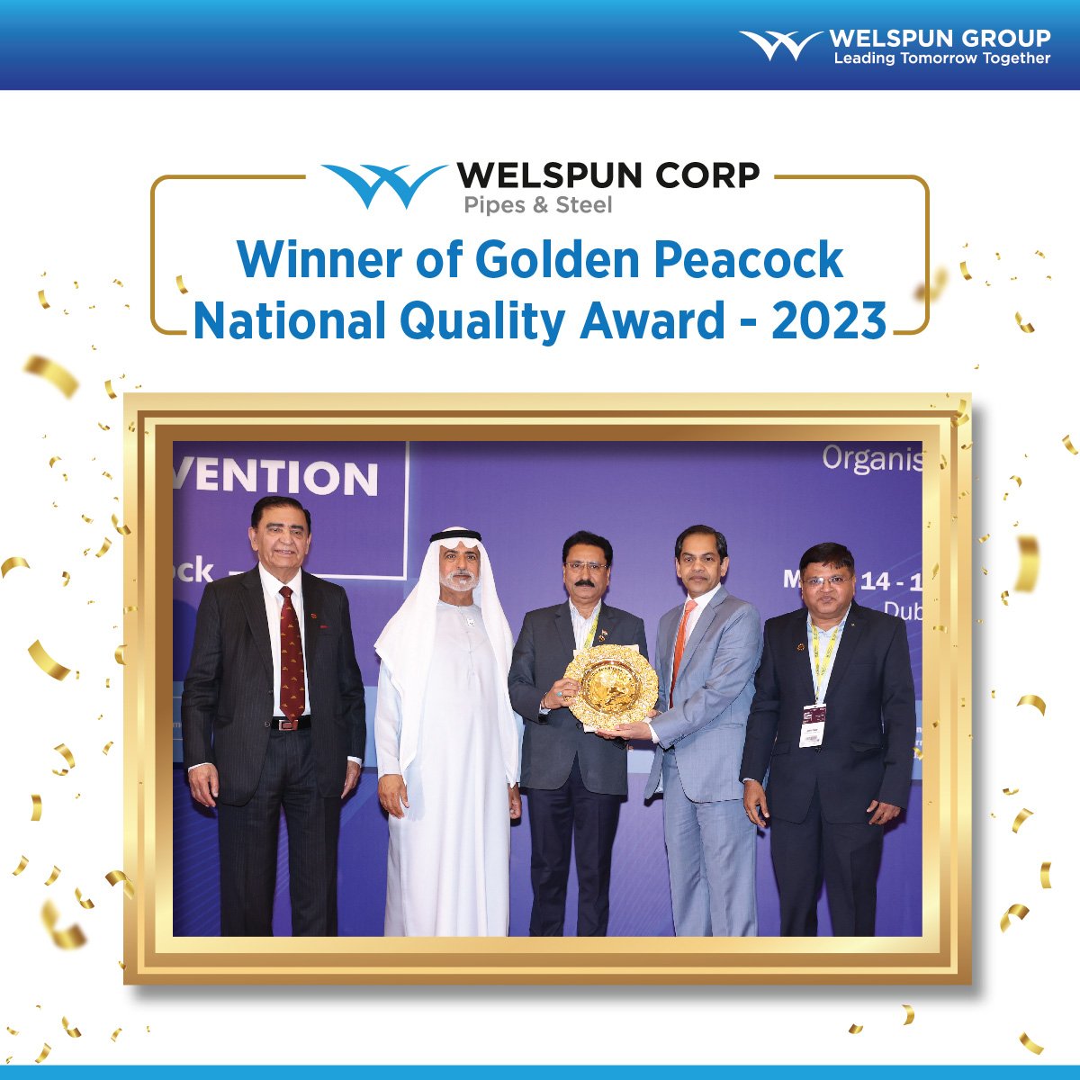 WelspunWorld's tweet photo. Great news! Welspun Corp has been awarded the prestigious Golden Peacock National Quality Award for 2023. The award was accepted by Mr. Atul Pandhare, Unit Head of WCL Anjar, and Mr. Jignesh Choksi, AVP (QMS). Congratulations to the entire team! https://t.co/Iv8iYH3oTF