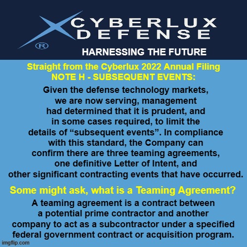 BeastModeActiv7's tweet photo. $CYBL ๐บ๐ฆ๐บ๐ธ๐ช๐บ
Inquiring Minds want to know, so see below for a brief explanation of the meaning of a 'Teaming Agreement' and keep in mind, @CyberluxC is currently engaged with Three (3) Teaming Agreements!
#TeamingAgreements
#CyberluxDefense
#DOD
#OperationAlpha
#OTCRemoveTheCE https://t.co/YRH7ck1KCH