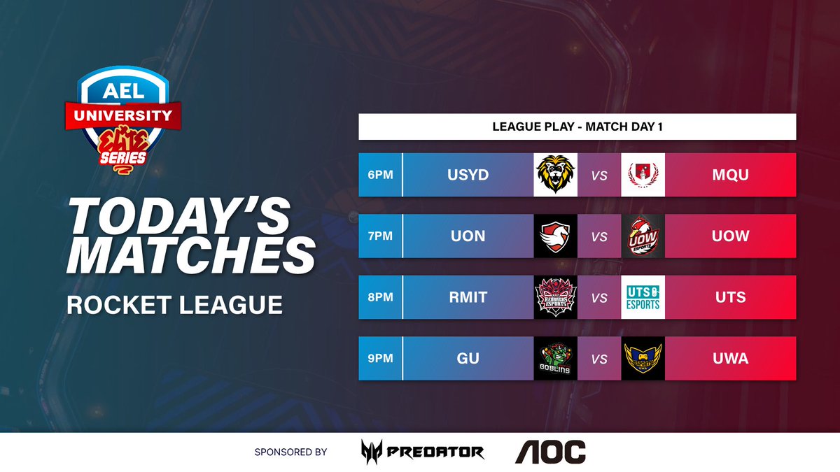 Tune in to AEL's University Elite Series Rocket League Match Day 1!

🔴 Live 5:45pm AEDT
🎙️ <a href="/formalcasting/">max vonneumann</a> &amp; <a href="/Mattse123/">MattSe</a>
🔎<a href="/Basincc/">Basincc</a> &amp; <a href="/Dover888/">Ben O'Connor</a>
📺twitch.tv/auesportsleague

The AEL is proudly sponsored by
<a href="/AGONbyAOC/">AGON by AOC</a> the Gaming Monitor partner
<a href="/PredatorGaming/">Predator Gaming</a> the Gaming PC partner