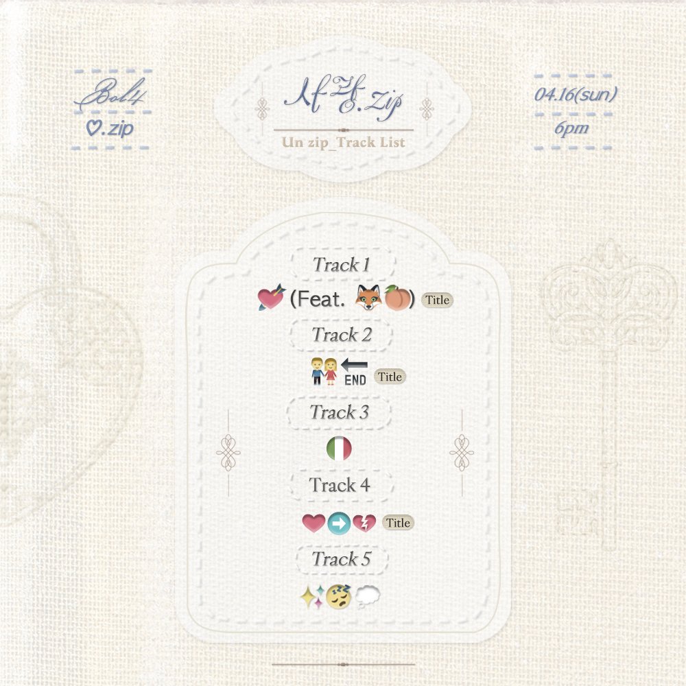 Bol4Colombia's tweet photo. ❁사랑.zip❁
28/03/2023
•••
Pistas del tracklist del próximo mini album que lanzará BOL4 "사랑.zip"
•••
#볼빨간사춘기 #BOL4 #BOL4_Seoul 
#Love_story #Seoul #아름다운_건 #In_the_mirror #별 https://t.co/TVFC4X9WEu