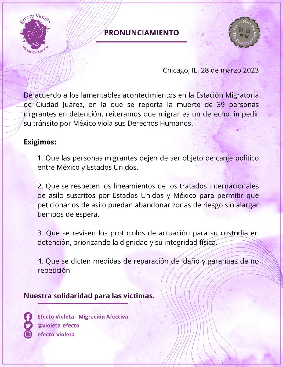 violeta_efecto's tweet photo. Organizaciones migrantes en Chicago IL, exigimos la investigación y el pronto esclarecimiento de lo ocurrido en la estación migratoria de Cd. Juárez. #migrantes #MigrarEsUnDerecho #FueElEstado https://t.co/YbClWZCOQQ