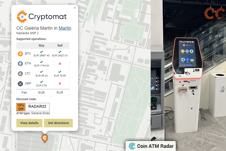 CoinATMRadar's tweet photo. Latest installed @generalbytes #bitcoin ATM at OC Galéria Martin in #Martin 🇸🇰. Operated by #Cryptomat.eu. Supported coins: #BTC, #ETH, #LTC, #XRP
https://t.co/vMH2mjxOPF https://t.co/nC4stvUpSE