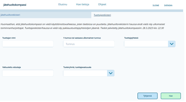 Jätehuoltorekisterin ja tuottajarekisterin tietoja kokoava verkkopalvelu jatehuoltokompassi.fi on julkaistu. Palvelusta voi tarkistaa esim. tuottajarekisteriin merkityt toiminnanharjoittajat jatehuoltokompassi.fi/haetietoja/tur…
#tuottajavastuu