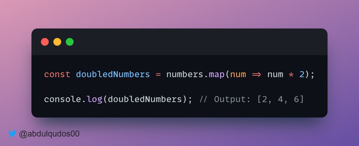 abdulqudos00's tweet image. Using Array.map()
The () method can be used to create a new array based on the values of an existing array. It takes a function as an argument and applies it to each element of the array #ArrayMap
Example code: