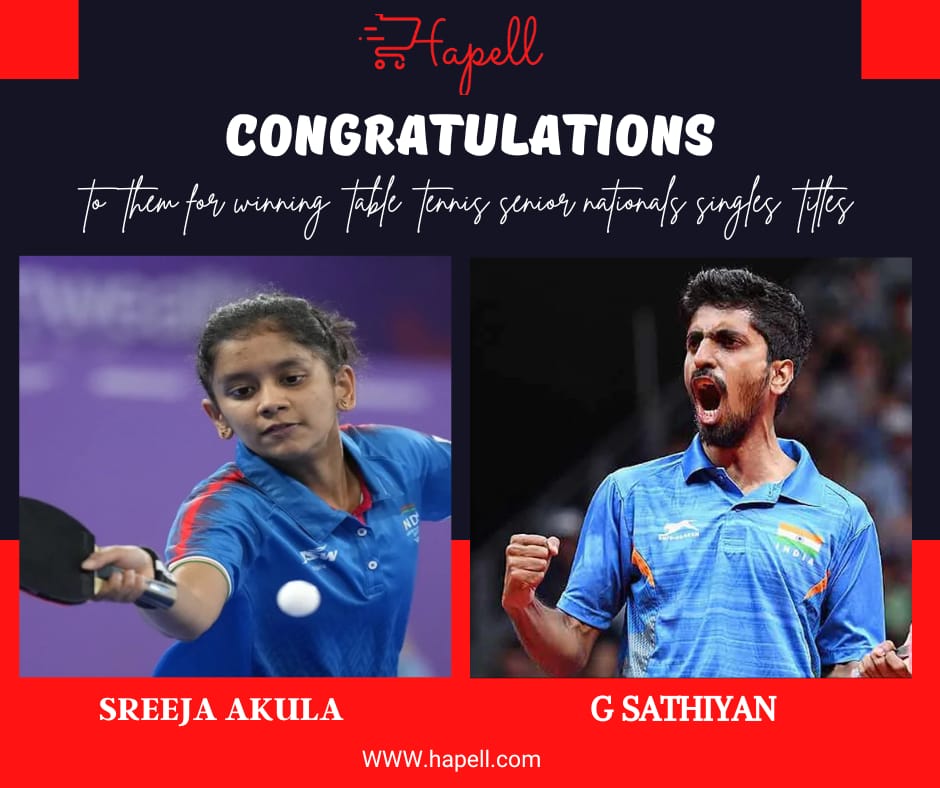 CONGRATULATIONS 👏🎉
@SreejaAkula31  @sathiyantt  for winning table tennis senior nationals singles titles 
#sports
#tabletennis #winner #sport #AkulaSreeja #GSathiyan #TABLETENNIS  #SportsChampion #IndianTableTennis #Victories #nationalchampionship #nationalchampions #tennis