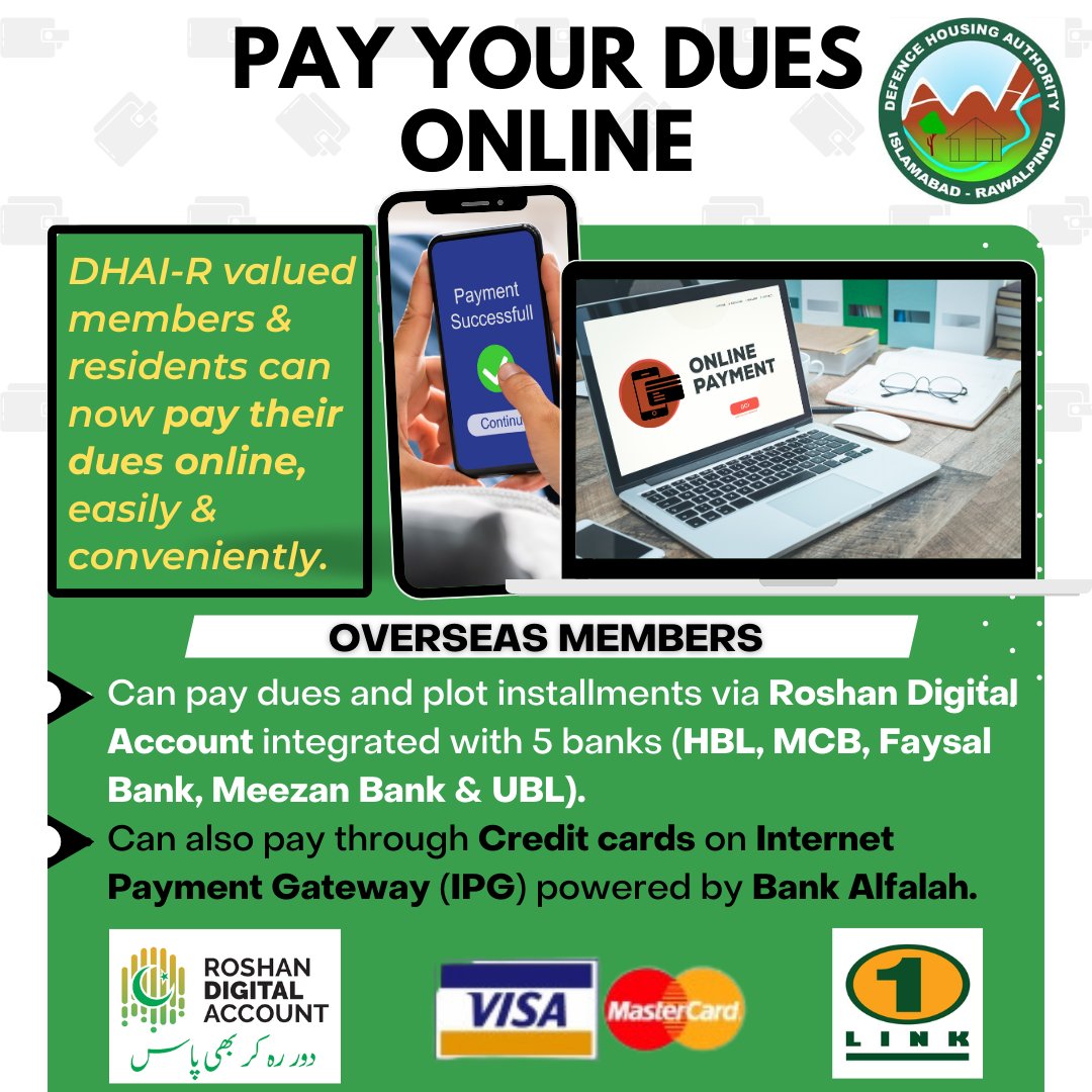 The #OnlinePaymentSystem of DHAI-R makes it easier than ever to stay up-to-date on your #dues, no matter where you are. 
#OverseasPakistanis can easily pay Membership dues online with #RoshanDigitalAccount and all major credit cards in a few clicks.

#DHAIR #DHAIslamabad