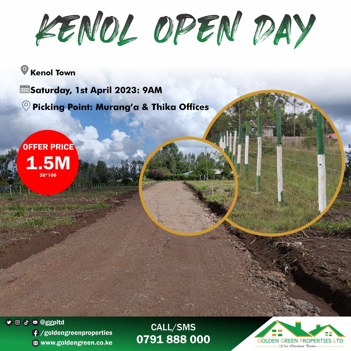 Join us on April 1st, 2023 for the open day of Golden Estate Phase 2 in Kenol Town! Explore our available plots and learn more about our real estate services. Don’t miss out on this exciting opportunity!

Call/WhatsApp: 0791 888 000
#plotsforsale
#affordableplots
