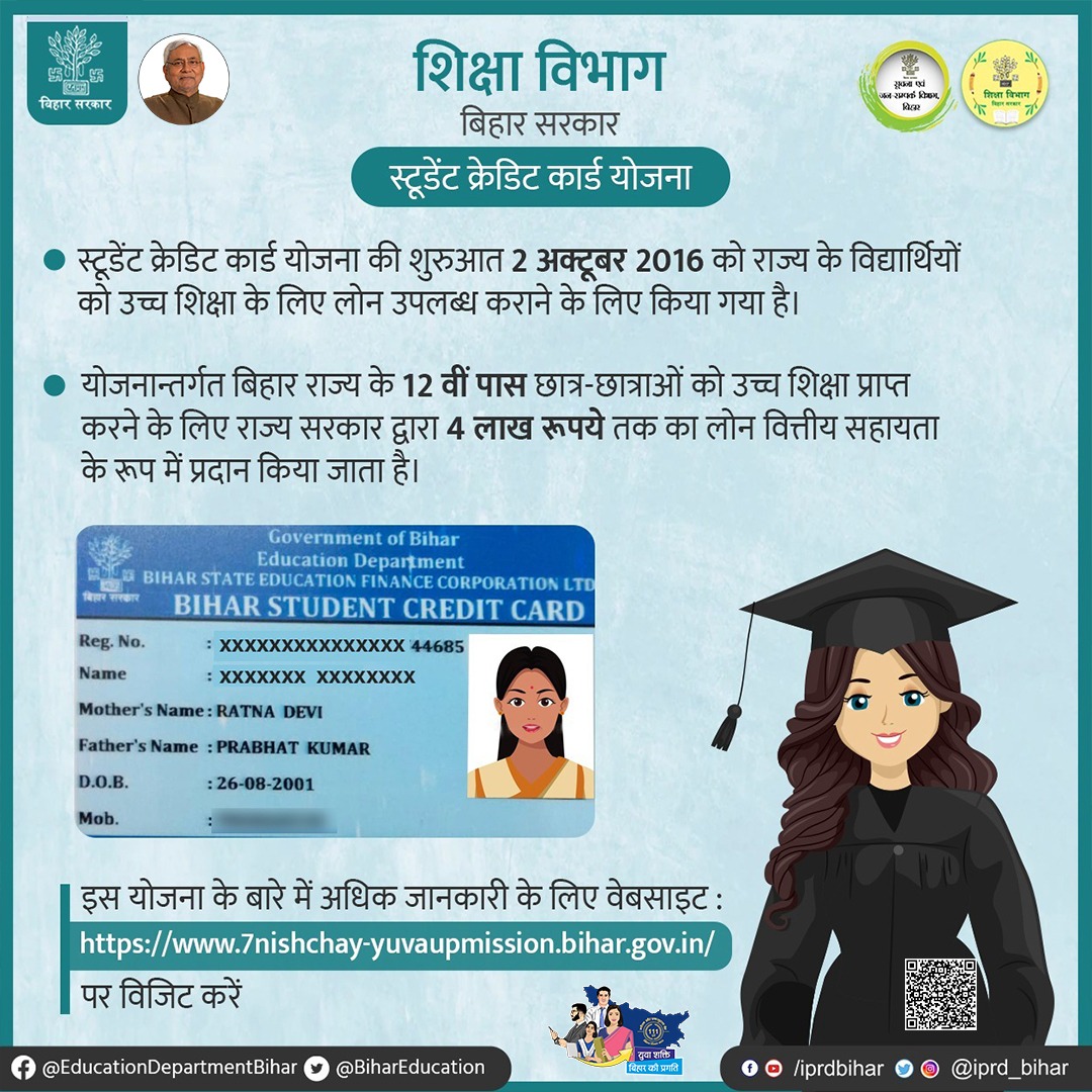 IPRD Bihar (@iprdbihar) on Twitter photo 12वीं पास छात्र-छात्राओं के लिए के लिए खुशखबरी ! स्टूडेंट क्रेडिट कार्ड योजना के तहत उच्च शिक्षा प्राप्त करने के लिए बिहार सरकार द्वारा 4 लाख तक का लोन, वित्तीय सहायता के रुप में प्रदान किया जाता है।
<a href="/BiharEducation_/">Education Department, Bihar</a>
@DipakKrIAS
#BiharStudentCreditCardScheme 12वीं पास छात्र-छात्राओं के लिए के लिए खुशखबरी ! स्टूडेंट क्रेडिट कार्ड योजना के तहत उच्च शिक्षा प्राप्त करने के लिए बिहार सरकार द्वारा 4 लाख तक का लोन, वित्तीय सहायता के रुप में प्रदान किया जाता है।
<a href="/BiharEducation_/">Education Department, Bihar</a>
@DipakKrIAS
#BiharStudentCreditCardScheme