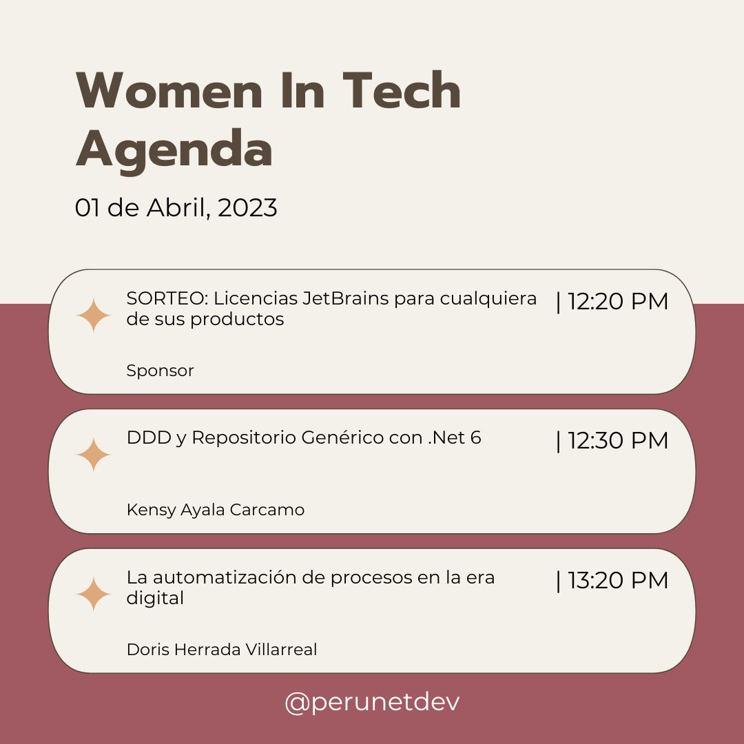 PeruNETDev's tweet image. 👩💻💥 ¡La agenda del evento Women In Tech 2023 ya está aquí!
💻🚀 ¡Esto es un evento que no puedes perderte!
🔗 Link del transmisión: lnkd.in/exmxzrjD
🔗 Link del evento: lnkd.in/eE6jGQMG
3/4 | #womenintech #wit #dotnet