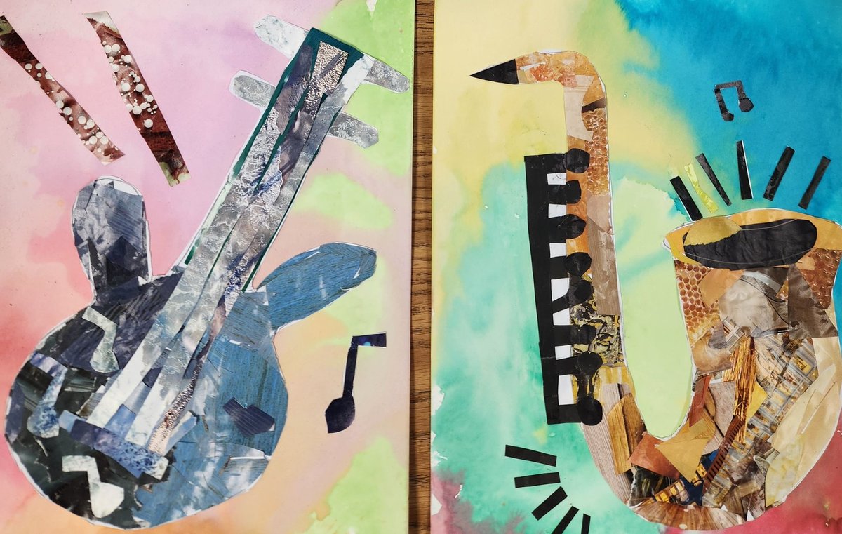 As promised- 4G mixed media paintings inspired by Jazz music &amp; arts Romare Bearden.  <a href="/BCreekElem/">BradleyCreekElem</a> <a href="/NewHanoverCoSch/">New Hanover County Schools</a> #YAM <a href="/NCArtEdA/">NCAEA</a> #liquidwatercolor #repurpose #recycled #Art
