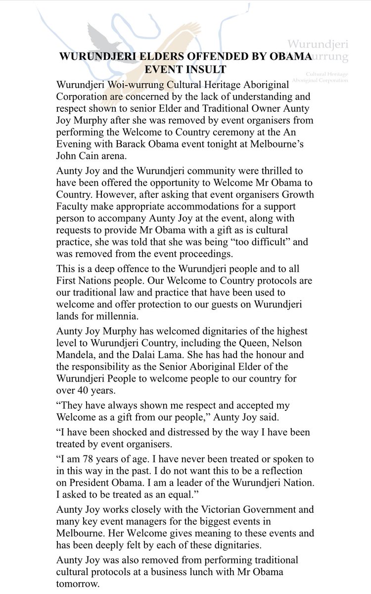 MadelineHayman's tweet photo. Wurundjeri Elder Aunty Joy Murphy has been told that she was being “too difficult” and removed from performing a Welcome to Country at @BarackObama’s Melbourne event after asking to bring a support person, and present Mr Obama with a gift. https://t.co/v9eFOSSSFX