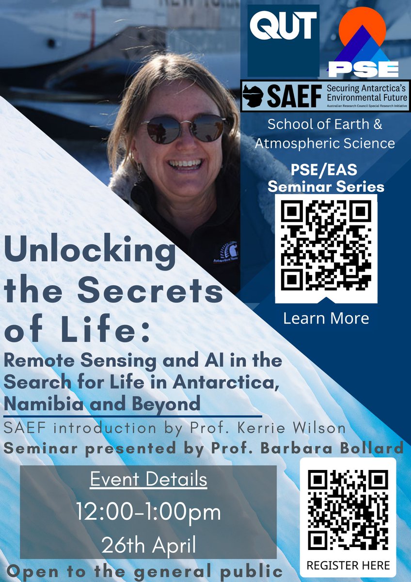 QUT Space (@qutspace) on Twitter photo Only 3 more weeks!
Join us as Professor Barbara Bollard (<a href="/BarbBollard/">Barbara Bollard</a>) explains what the future of Antarctica (And similar environments) looks like and how we can get there.
Register here: forms.gle/nLWzz6n15iuTwg…
When: April 26, 12-1pm, GP C-405
#QUTScience #PSESeminar Only 3 more weeks!
Join us as Professor Barbara Bollard (<a href="/BarbBollard/">Barbara Bollard</a>) explains what the future of Antarctica (And similar environments) looks like and how we can get there.
Register here: forms.gle/nLWzz6n15iuTwg…
When: April 26, 12-1pm, GP C-405
#QUTScience #PSESeminar