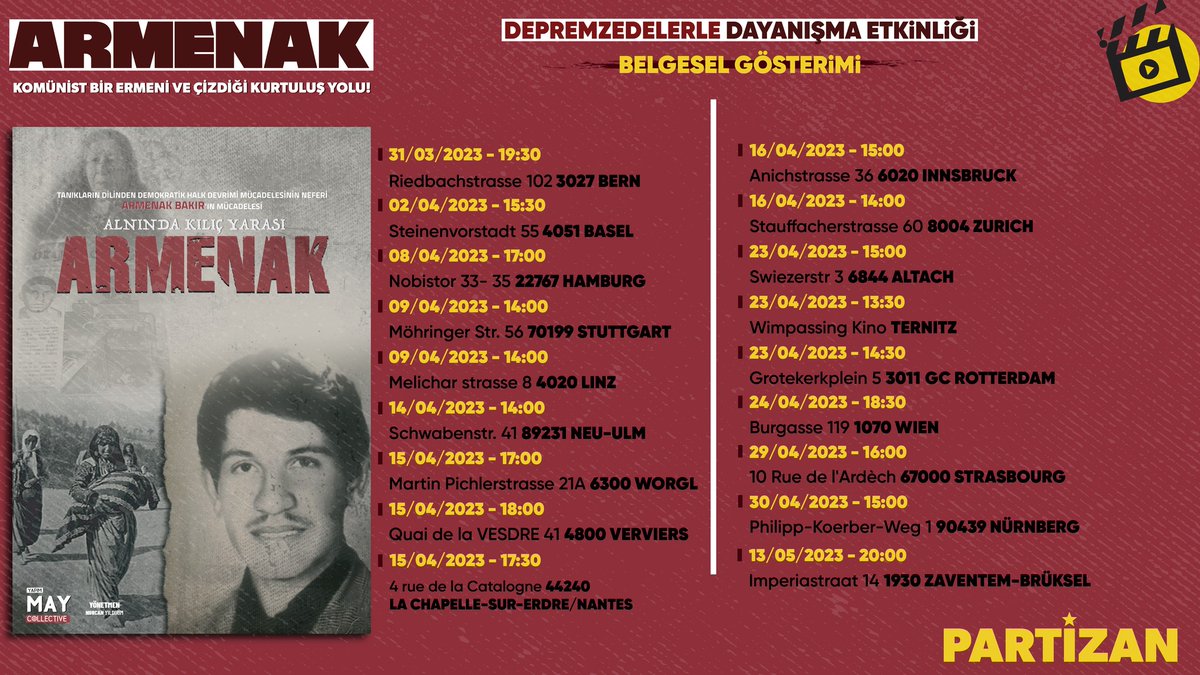 temeldemirer's tweet photo. ALNINDA KILIÇ YARASI: ARMENAK! AVRUPA’NIN BİRÇOK KENTİNDE, #Bern #Basel #Hamburg #Stuttgart #Linz #NeuUlm #Worgl #Verviers #Nantes #Inssbruck #Zurich #Altach #Ternitz #Rotterdam #Wien #Strasbourg #Nürnberg #Zaventem’DE BELGESEL GÖSTERİMİ YAPILACAK
#ArmenakBakırcıyan
#18Mayıs https://t.co/7Y3X3WCG94