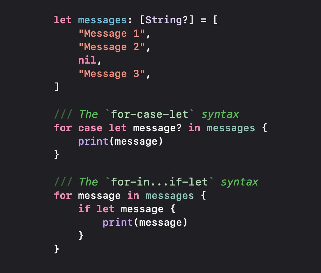 Lee_Kah_Seng's tweet photo. Swift has a `for-case-let` syntax, which is equivalent to the `for-in...if-let` syntax. The former makes code cleaner but less expressive.
Personally, I would prefer to use the latter syntax to keep my code expressive. I wonder how commonly the `for-case-let` syntax is used. 🤔 https://t.co/Fngk9h4e40